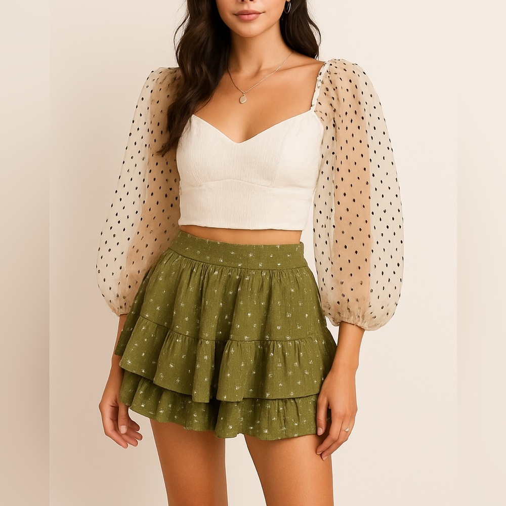 ZARA Bubble Sleeve Sheer Crop Top – White Black Dot Mesh – Size XS – Chic - Picture 3 of 7
